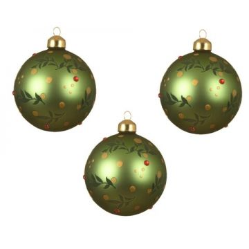Set 3 globuri Leaves, Decoris, Ø8 cm, sticla, verde