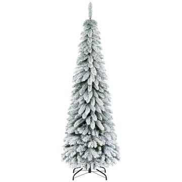 HOMCOM Brad Artificial de Craciun Inalt 180cm, Decor Tip Creion cu 523 de Crengute Pline de Zapada, Forma Coborata, Baza din Otel