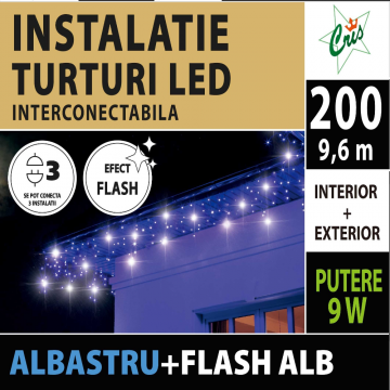 Instalatie decorativa Craciun, turturi, 200 LED-uri albastru cu flash alb, 9,6 m, interior/exterior, alimentare la retea