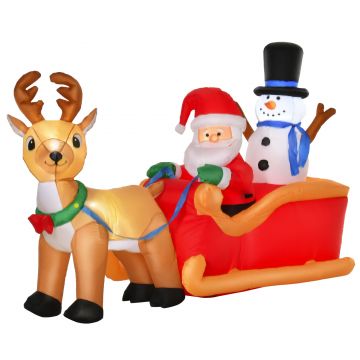 Mos Craciun Gonflabil cu Sanie cu Reni Om de Zapada, decoratiune cu Lumini LED, Decoratiune de Craciun 200x80x128cm HOMCOM | Aosom RO