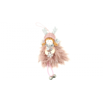 Decoratiune pentru Craciun, copilas cu pene, material textil, roz, 19 cm