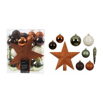 Cutie cu 33 globuri asortate si varf de brad Mixed Star Christmas, Decoris, plastic, multicolor