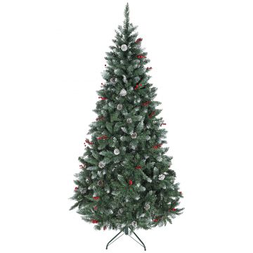 HOMCOM Brad de Crăciun Înalt de 210 cm cu 928 de Ramuri, Brad Artificial de Interior cu Conuri și Boabe Roșii Decorative, Bază Metalică, Verde | Aosom Romania