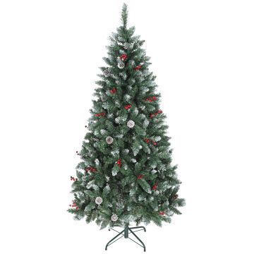 HOMCOM Brad de Crăciun Înalt Înzăpezit 180 cm cu 620 de Ramuri, Brad Artificial de Interior cu Conuri și Boabe Roșii Decorative, Bază din Metal, Verde | Aosom Romania