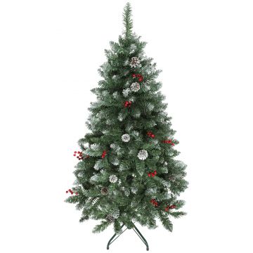 HOMCOM Brad de Crăciun Înnzăpezit Înalt de 150 cm cu 398 Ramuri, Brad Artificial de Interior cu Conuri și Boabe Roșii Decorative, Bază Metalică, Verde | Aosom Romania