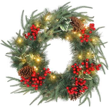 HOMCOM Ghirlandă de Crăciun de 60 cm cu Lumini LED Albe, Coroană de Crăciun cu Temporizator, 170 de Ramuri, Conuri de Pin, Boabe și Vâsc, Decor de Crăciun pentru Ușă și Fereastră, Verde | Aosom Romania