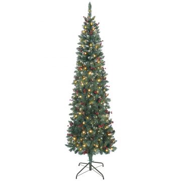 HOMCOM Pom de Crăciun Slim 210 cm Artificial, Lumini Incorporate în 8 Moduri, 300 Ramuri Dens Ignifuge Înzăpezite, 55 Conuri și 55 Ciorchini de Boabe, Pom de Crăciun Îngust și Înalt cu Bază din Metal | Aosom Romania