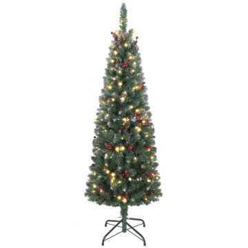 HOMCOM Pom de Crăciun Subțire 150 cm Artificial, Lumini Incorporate în 8 Moduri, 311 Ramuri Dense Ignifuge Înzăpezite, 30 Conuri de Pin și 30 Ciorchini de Boabe, Pom de Crăciun Înalt și Strâmt cu Bază din Metal | Aosom Romania