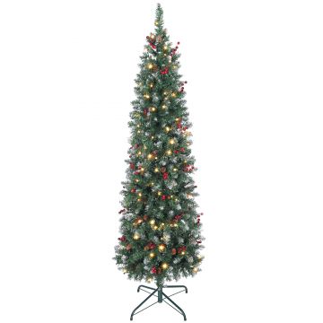 HOMCOM Pom de Crăciun Subțire 180 cm Artificial, Lumini Incorporate în 8 Moduri, 200 Ramuri Dens Ignifuge Înzăpezite, 42 Conuri și 42 Grămezi de Bacche, Pom de Crăciun Îngust și Înalt cu Bază Metalică | Aosom Romania
