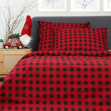 Lenjerie de pat King Size, Ameri, Homla, 3 piese, 200x220 cm, bumbac, rosu/negru