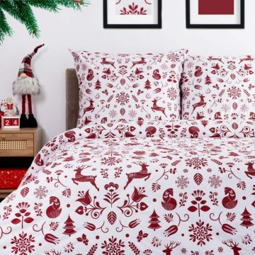 Lenjerie de pat King Size, Deany, Homla, 3 piese, 200x220 cm, bumbac, alb/rosu