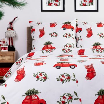 Lenjerie de pat King Size, Idyllic, Homla, 3 piese, 200x220 cm, microfibra din poliester, alb/rosu