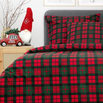 Lenjerie de pat King Size, Tartan, Homla, 3 piese, 200x220 cm, bumbac, rosu/verde