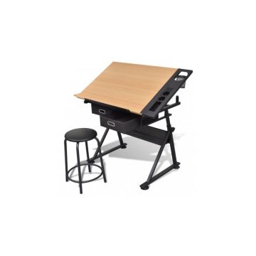 Masă de desen cu blat reglabil cu scaun 2 sertare