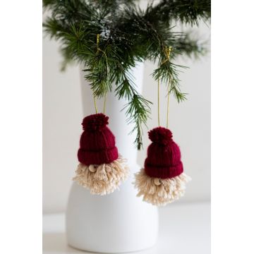 Ornament de brad de Crăciun, BSY112, 5.5x8 cm, Sfoara, Roșu Claret / Crem