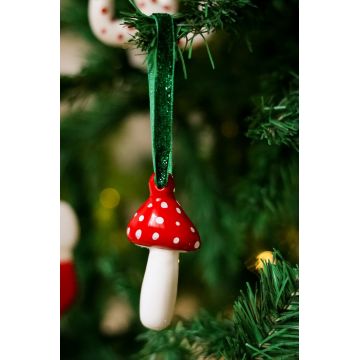 Ornament de brad de Crăciun, BSY513, 4x8.5 cm, Ceramica, Alb/Rosu