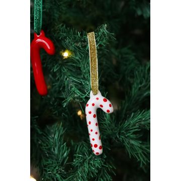 Ornament de brad de Crăciun, BSY517, 9.5x4 cm, Ceramica, Alb/Rosu