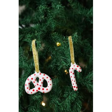 Ornament de brad de Crăciun, BSY521, Ceramica, Alb/Rosu